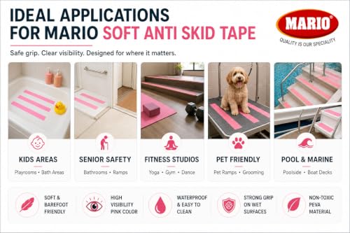 Image of Mario Soft Anti Skid Anti Slip Tape Pink 50mm (2 Inch) x 5m | Soft Surface Non Abrasive Barefoot Friendly Waterproof Grip Tape | Self Adhesive Safety Tape for Home Bathroom Stairs & Floor Use