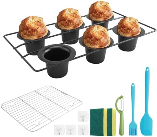 AZSEUOR Deep Popover Pans for Baking, Nonstick 6-Cup, Muffin Tins Set Professional Grade Materials, Cupcake Tin Sets of 7 included Spatulas, Peeler, Basting Brush, Baking Rack, Cleaning Pad, Hooks