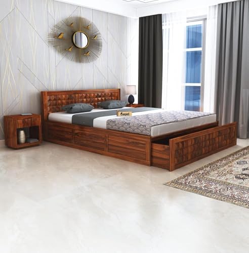 Image of Ganpati Arts Solid Sheesham Wood King Size Bed with Half Box and Front Trolly Storage for Bedroom Living Room Home | Wooden Double Bed Cot Palang Furniture for Hotel (Natural Finish)