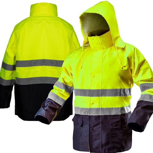 NEO TOOLS Veste haute visibilité avec bandes réfléchissantes d'alerte en ISO 20471 Veste Orange Jaune Fluo Veste de pluie veste de travail d'alerte protection sécurité Veste, jaune