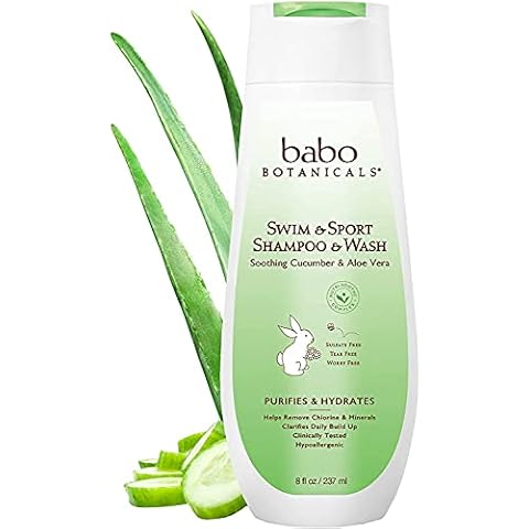 Babo Botanicals Swim & Sport Shampoo & Wash, Cucumber Aloe Vera, 8fl.oz. - Best Swimmers Shampoo; Removes Chlorine; Purifies & Hydrates; Best Swimmers Shampoo; Organic Aloe Vera Cover