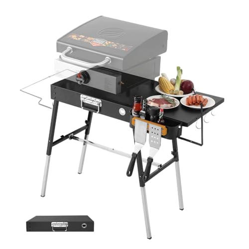 Portable Grill Table for Blackstone 17/22 Inch, Ninja Woodfire Grill Stand, Adjustable Height Outdoor Griddle Cart with Foldable Side Table, Spice Rack, Paper Towel Holder, BBQ Prep Station for Camping Tailgating Patio