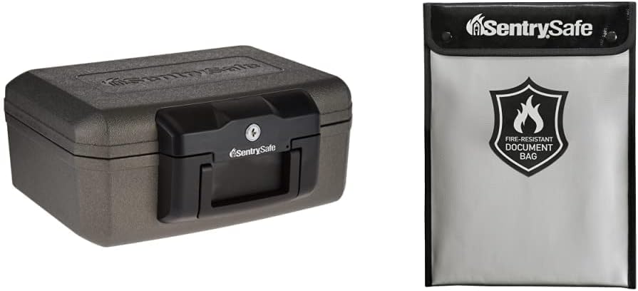 SentrySafe 1210 Fireproof Box with Key Lock and Bolt Down Hardware, 0.18 cu. ft, Black & Fire and Water Resistant Bag with Zipper for Documents, 5" x 11" x 15", FBWLZ0