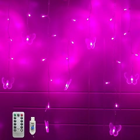 Butterfly Curtain Lights, 13ft 90 LED 18 Butterflies USB 8 Modes Window Fairy Lights Twinkle String Lights with Remote Timer for Bedroom Wedding Party Holiday Decor (Pink) Cover
