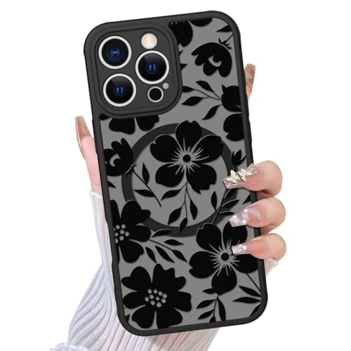 Image of TEAUGHT Compatible with iPhone 16 Pro Max Case Support for MagSafe Cute Pattern Floral Flower Camera Protection Matte Skin-Touch Cover for Girls Women -Black