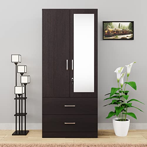 Image of VIKI Wardrobe | Wooden Almirah for Clothes,Door for Bedroom, 2 Door Wardrobe with Drawer, Mirror & Hanging Space (Dark Wenge - 40D x 80W x 180H) | 1 Year Warranty | Free Assembly