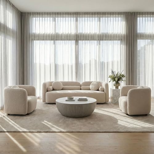 Image of Curved Sofa Set for Living Room, Upholstered Boucle Fabric 3-Seater Minimalist Sofas Couches + Oversized Chair with Throw Pillows Modern Sofa Set of 3 Piece Couch Set Bedroom Office Apartment Beige
