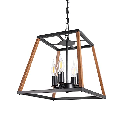 4-Light Farmhouse Chandelier Rustic Lantern Pendant Light Fixture Industrial Metal Dining Room Chandelier Wood Finish For Kitchen Island Living Room Hallway Foyer Bedroom E26 Base #TOP7