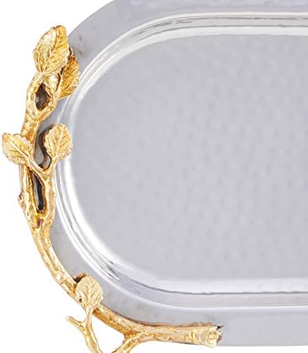 Elegance Golden Vine Hammered Stainless Steel Oval Tray, 15.25 by 5.75-Inch, Silver/Gold