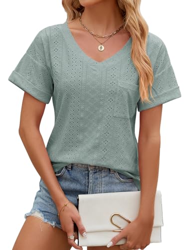 EDOTON Camiseta Manga Larga para Mujer T-Shirt de Cuello V Ligera Camisa de Otoño e Invierno Casual Túnica Mujer(XXL,X Verde Scuro)