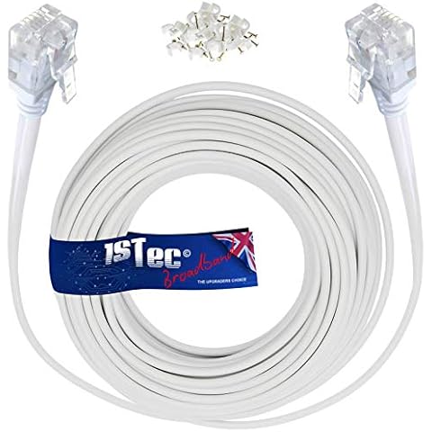 1STec 15M ADSL2+ Super High Speed Cat5e RJ11 Broadband Hub Internet Extension Cable for BT Infinity Sky Q Talktalk Plusnet EE Vodafone Post Office Router on Fibre or Standard Services 15 Metre White Cover