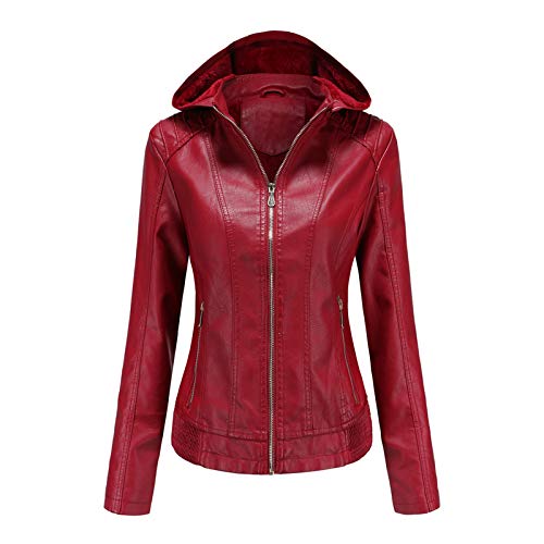 URIBAKE Women Hooded Plush Zipper Leather Jacket Warm Velvet Detachable Coats Tops Red