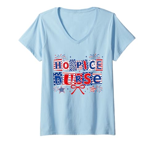 Women's Hospice Nurse Coquette Retro 4th of July US Flag Fireworks V-Neck T-Shirt