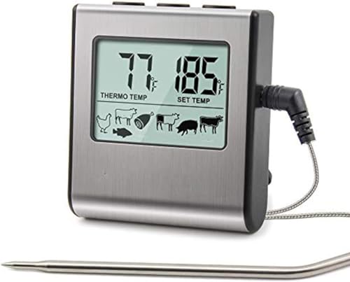 TERRIFI Grill Thermometer, Large LCD Digital Cooking Food Meat Thermometer, Smoker Oven Kitchen BBQ Grill Thermometer Clock Timer with Stainless Steel Temperature Probe for Kitchen Cooking BBQ Grill