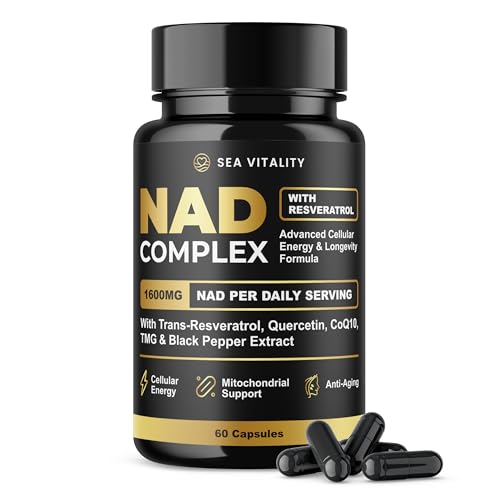 NAD Booster Complex with Resveratrol, Quercetin, CoQ10 & TMG | High Strength Cellular Energy & Longevity Support | NAD Supplements UK | 60 Vegan Capsules | Mitochondria & Healthy Aging Support