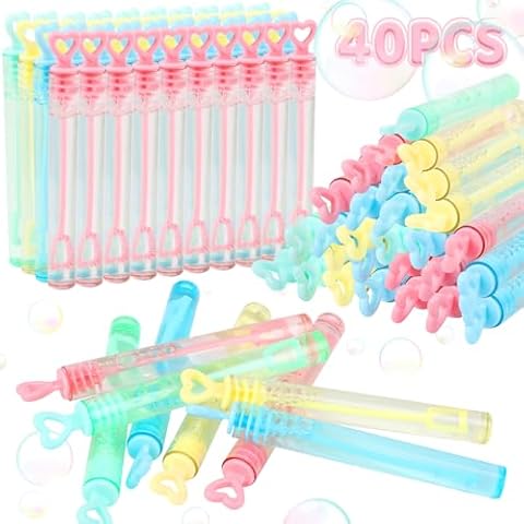 LOAVER 40 Pack Valentines Day Mini Heart Bubble Wands for Kids,Valentines Day Assorted Pastel Color Bubble Wands Toys for Class Party Exchange Gifts Wedding Goodie Bag Fillers Cover