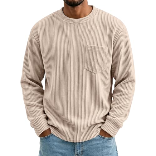 YSFWL Men's Corduroy Crew Neck Sweatshirt Casual Long Sleeve Pullover Fall Winter Warm Sweatshirts Loose Fit Comfortable Jumper(#C Khaki,XL)