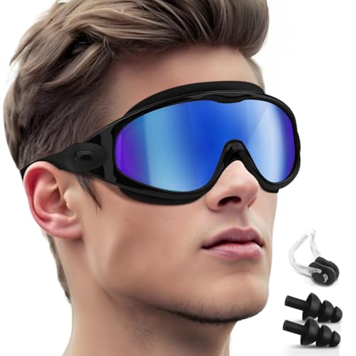 Polarized Swim Goggles, Anti UV & Fog Swimming Goggles for Adult, Unisex No Leaking Swimming Goggle for Men Women Youth Black & Blue Plated