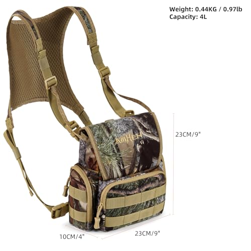 AMHEH Binocular Harness Hunting Chest Pack - Silent Anti Glare Bino Bag with Rangefinder Pouch and Magnetic Flap, Also for Birding, Hiking, Fits Up to 56 Inches Chests (Camo)