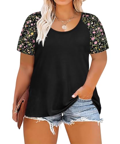 Image of CARCOS Plus Size Tops for Women Short Sleeve Raglan Striped Tee Color Block Crewneck /V Neck Tunic Loose Fit Summer XL-5XL