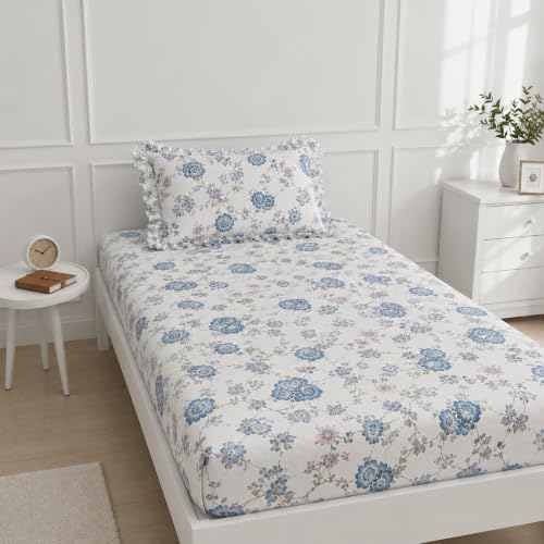 Image of Blue Strip Polycotton Fitted Bedsheet, Single 42x75 (Multicolor) | 300 TC, elastic all-round grip, deep pocket, soft, breathable, colourfast, non-shrink, wrinkle resistant, machine washable