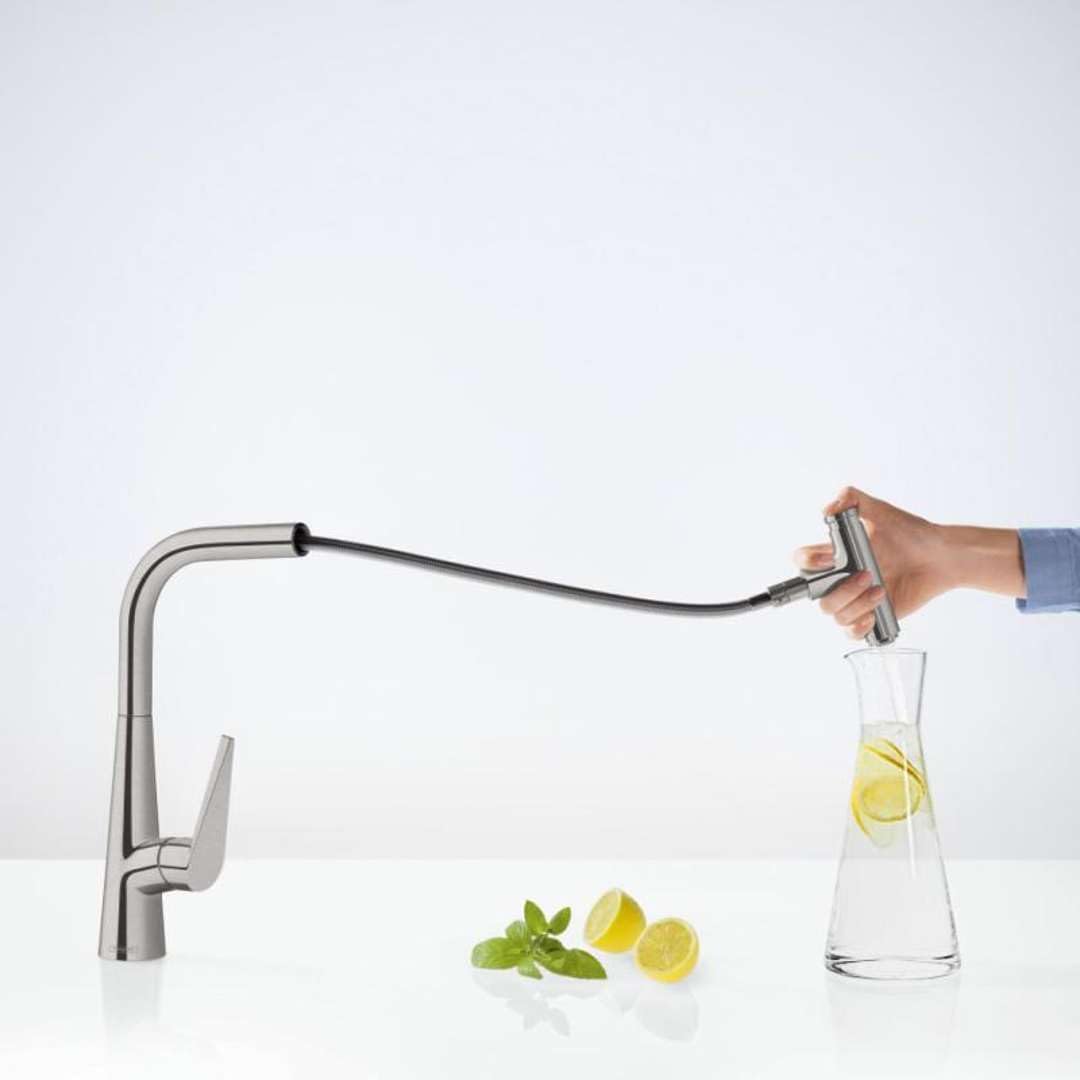 hansgrohe M5115-H300 Kitchen Tap 300, Pull-Out Spout, Hose Box, 110°/150° Swivel Range, stainless steel