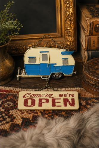 SODEF Retro Caravan Door Hanger - Come In, We're Open Metal Wall Decor | Vintage Style Sign | Rustic Metal Art | 7.9" x 7.1" | Cafe, Shop, Home Entryway Accent - Ecru, 20 mm