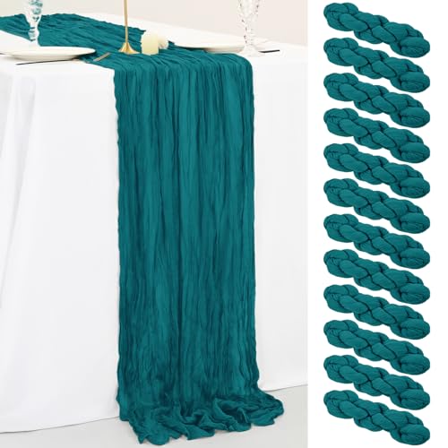 fani 12 Pack 10Ft Teal Cheesecloth Table Runner 35 x 120 inch Boho Gauze Cheese Cloth Table Runner Vintage Rustic Sheer Runners for Wedding Bridal Shower Birthday Party Cake Table Decorations by fani - Used condition - CA$36.69