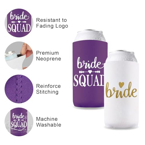 Image of PartyGifts&Beyond Bridesmaid Gifts Can Cooler 10Packs Bachelorette Party Decorations Slim Can Cooler Bride Squad Can Sleeves(Purple)