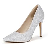 IDIFU Silver Heels for Women High Heels Pumps Closed Toe Stiletto Pointed Dress Shoes Wedding Bridal Daily Work Office Business Trendy Fashion Sexy Comfortable Dressy Shoes(Silver Glitter 7.5 M US)