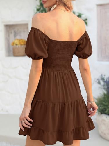 Image of Veatzaer Women's Puff Sleeve Square Neck Smocked Babydoll Dress Boho Floral Print Off Shoulder Ruffle Mini Short Dress