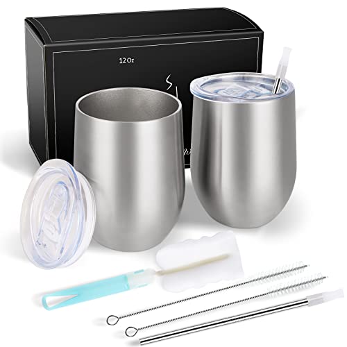 Joymaking 12oz Reusable Coffee Mug, 2 Pack Double Walled -Insulated Travel Tumbler Vacuum Stainless Steel Wine Glass with Spill Proof Lid, Ideal for Coffee, Tea, Milk and Wine, Silver