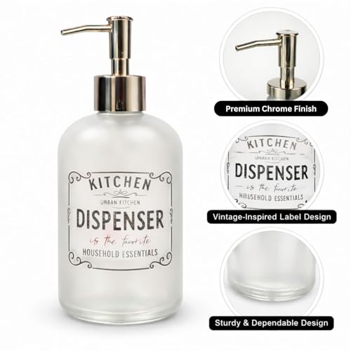 Image of Luxe Home International Kitchen Dispenser Print Glass Soap Dispenser for Bathroom and Kitchen Sink Leak Proof Liquid Hand Wash Round Bottle Lightweight Smooth Finish (19.5x7.5 cm White) Pack of 1