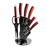 BerlingerHaus Burgundy Professionelles Küchenmesser-Set 8-Teilig, Edelstahl, Antihaftbeschichtung, Acrylhalter, Kochmesser, Zwiebelmesser, Santoku-Messer, Wetzstahl, Schere, Metallic-Design, Rot