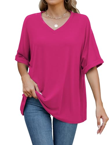Image of Famulily Women's Summer Casual Short Sleeve T Shirt Ladies Basic Solid Color Tunic Tops V Neck Tshirts (XL, Hot Pink)