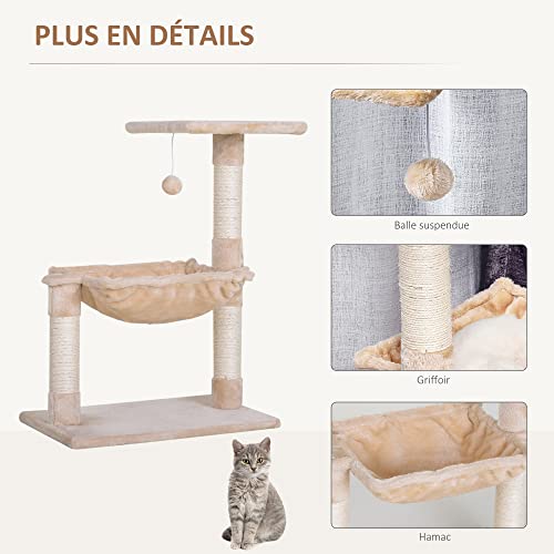 PawHut Kratzbaum für Katzen, 3 Kratzstangen, Sisal, Natur, Plattform Hängematte und Kugel zum Aufhängen, Maße: 50 x 36 x 70 cm, kurzer Plüsch, Beige-4