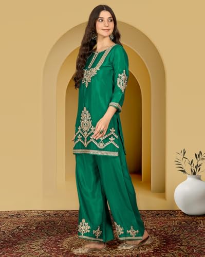 Image of Amazon Brand - Tavasya Women Silk Blend Zari Sequence Thread Embroidered Kurta with Palazzo |Ethnic Wear
