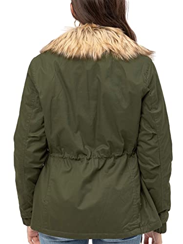 KOGMO Womens Fully Lined Zip Up Anorak Jacket Detachable Faux Fur Trim-L-OLIVE