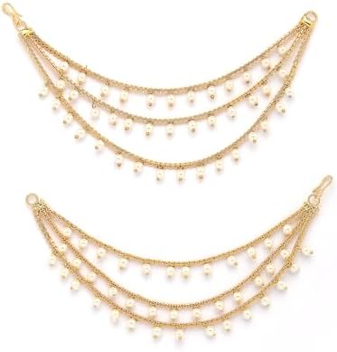 Sukkhi Classic Indian Traditional Brass Copper Gold Plated Multi Layer Pearls Ear Kan Chain Champaswaralu Earring Jewellery for Women & Girls|Pair of 1|ECN107320