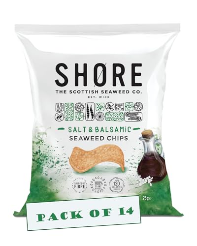 Shore Seaweed Chips - Salt & Balsamic 14 x 25g bags, Vegan crisps, Lower in calories, Plant-based, High in Fibre