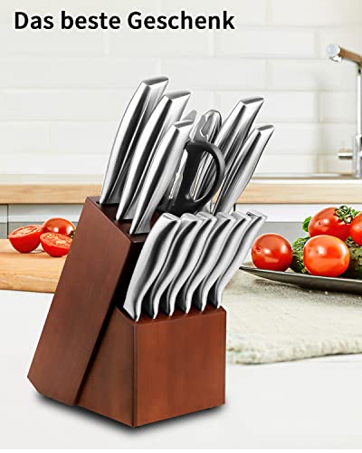 Foto von Messerset, 14-teiliges Küchenmesserset mit Block, Kochmesserset mit Schärfer, gezackte Steakmesser, Messerblockset aus kohlenstoffreichem Edelstahl, Messerset in Box, Brotmesser, Kochmesserset