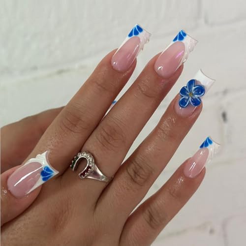 24 Pcs Pink Press on Nails Medium Square,MINGCHUN White French Fake Nails Press ons Acrylic Nail Art Tip Kit with 3D Texture Blue Flowers Glossy Design Full Cover False Nails Glue on Nails for Women