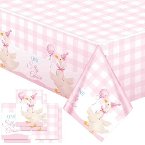 Oudain 6 Pcs Pink One Silly Goose Tablecloth Goose Baby Shower Party Tablecloth Decorations Disposable Little Pink Gingham 1st Birthday Table Cover for Birthday Party Supplies
