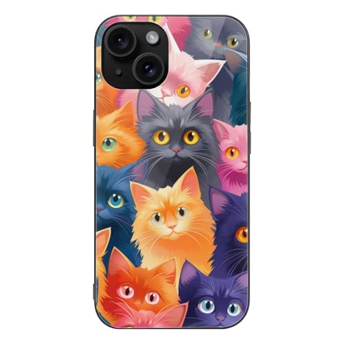 CRIVOTA for iPhone 15 Case - All-New Group of Cats Design, Glass Back + TPU Inner Shell, Extreme Slimness, Military-Grade Tested, Precise Cutouts, Cell Phone Cases for Men Women