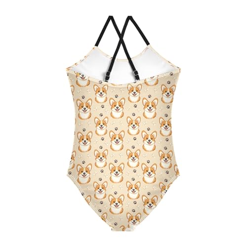 senya Girls Swimsuits One-Piece Swimwear Tie Bathing Suit Beach Summer Round Neck 5-6T Cute Dog Bone Footprint Pattern2