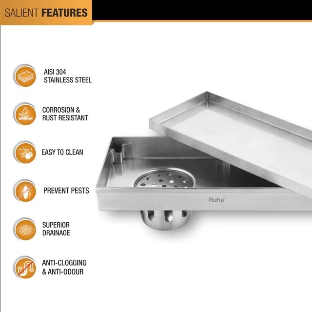 Image of Ruhe Tile Insert Shower Drain Channel | 12 x 5 Inches Waste Water Floor Drain for 13mm Tile | 304 Stainless Steel Invisible Shower Drain Channel | Drain Channel with Cockroach Trap and Side Hole