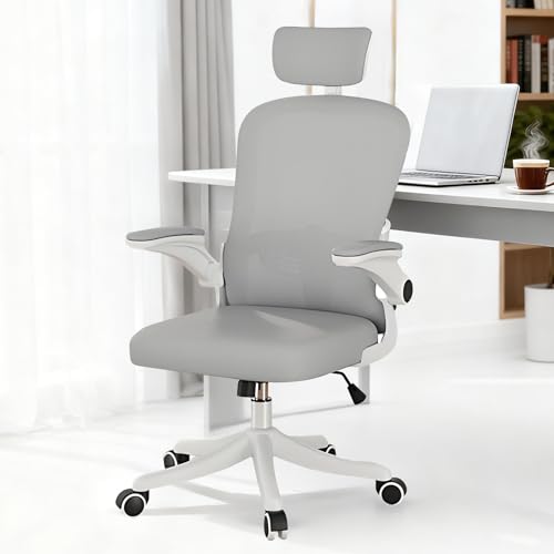 Ergonomic Mesh Office Desk Chair with Adjustable Height, Flip-Up Armrests & Lumbar Support, Breathable Swivel Computer Chair for Home Office or Study (Gray)