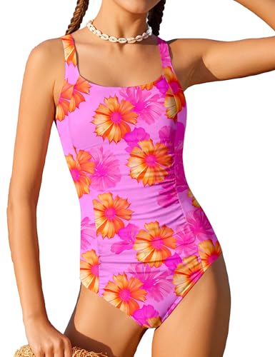 Image of Girl Swimsuit One Piece Bathing Suit for Girls Solid Color Ruched Adjustable Straps Padded Swimwear 9-18y