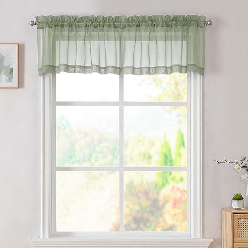 Image of Simplebrand Sage Green Valances 14 Inches Long for Living Room Pocket 2 Panel Light Filtering Sheer Translucent Valence Toppers for Window Kitchen Bathroom Bedroom 42x14 Inch Length