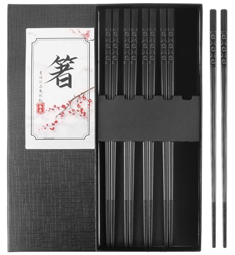 Fiberglass Chopsticks Reusable Set, 5 Pairs Black Gift-Boxed – Premium Non-Slip, Dishwasher Safe,...